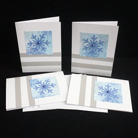 4 White Handmade Greeting Note Cards Blue Snowflake with Bead and Silver Stripes - Picture 1 of 4